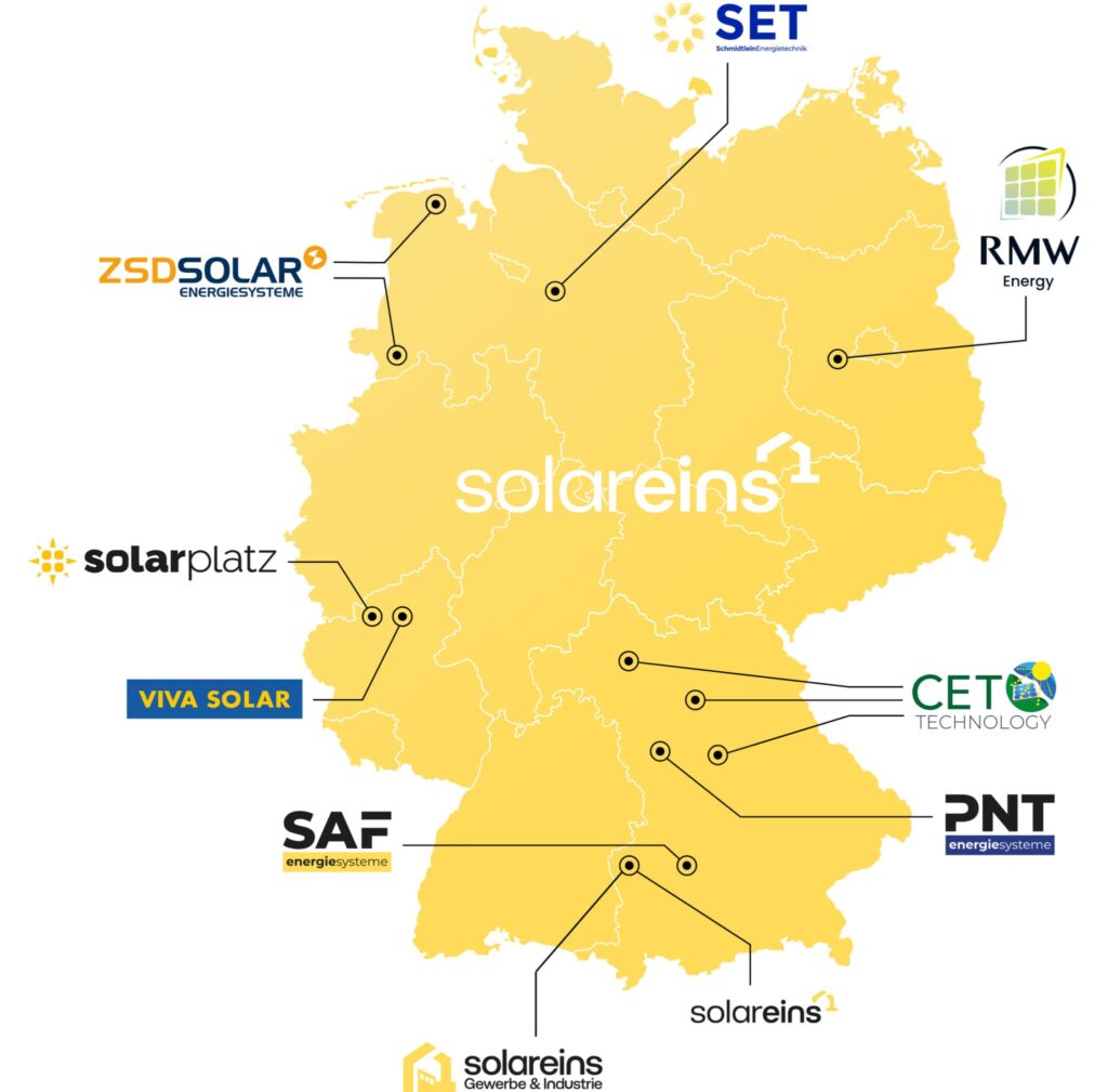 Deutschlandkarte mit Ortsmarkierungen für die Solarteure der Solareins-Gruppe